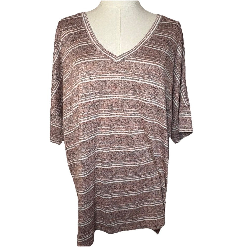 Calvin Klein Jeans Sz XL Striped Tee Short Sleeve Women's Pink V Neck Stretch